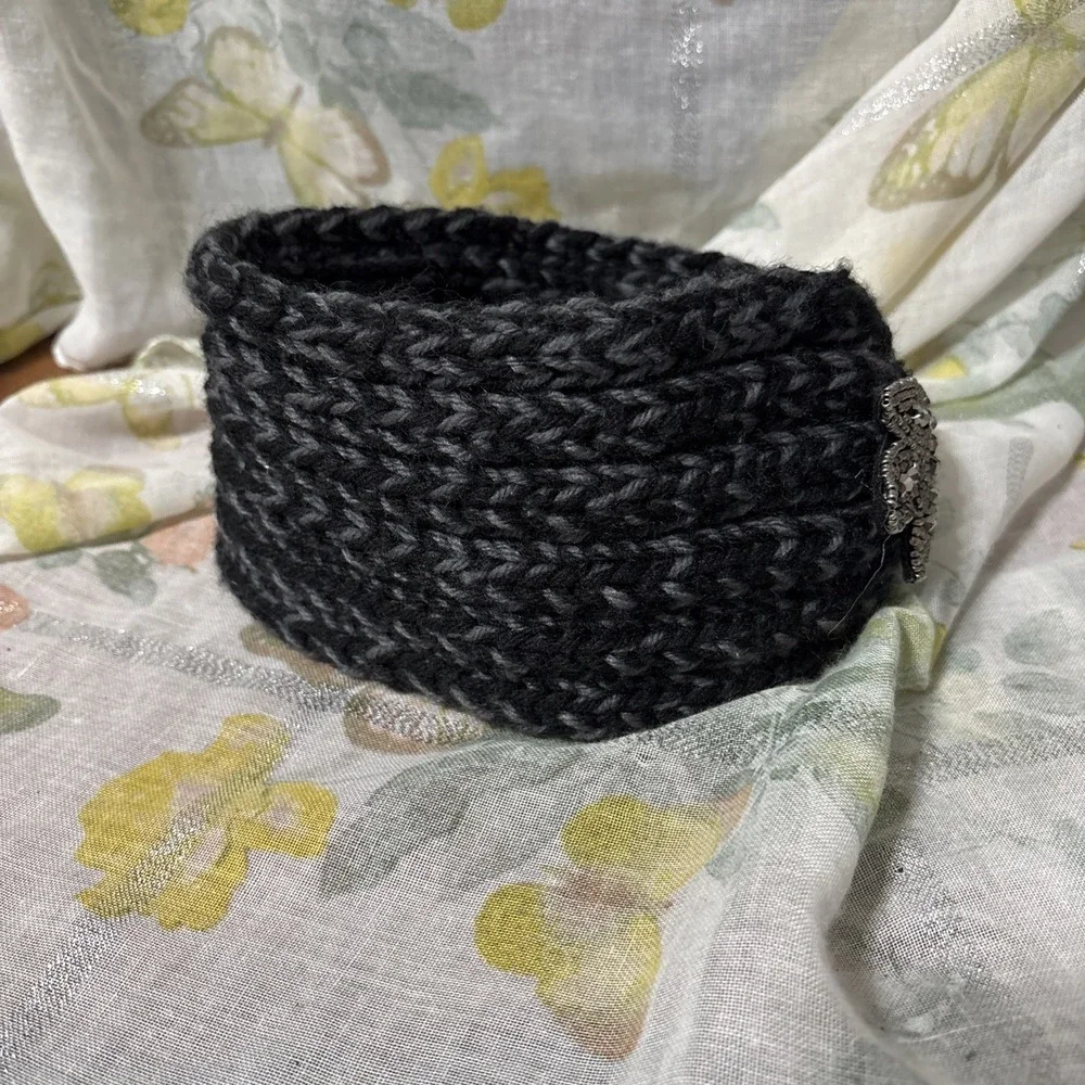 Crocheted Yarn Hair  Band Black And‎ Gray with Jeweled Accent